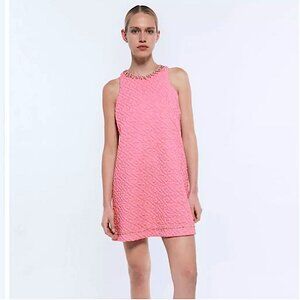 Zara Bubblegum Pink Metallic Textured Jeweled Sleeveless S Mini Dress!